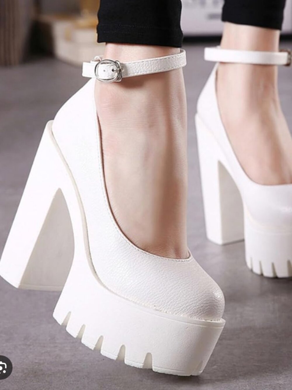White Leather Platform Ankle Strap Heels Classic Round Toe Lug Sole High Chunky